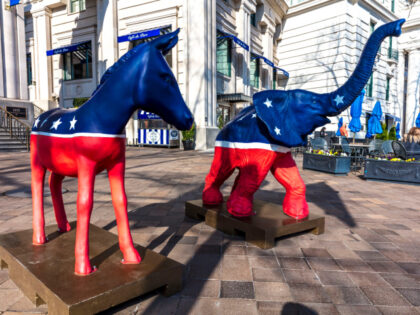 WASHINGTON DC, Democratic Mule and Republican Elephant statues symbolize American 2-part P