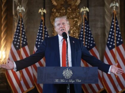 Republican presidential candidate former President Donald Trump speaks during a press conf