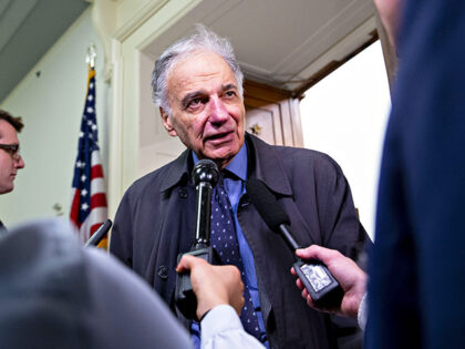 Ralph Nader, founder of Public Citizen Inc., speaks to members of the media during a break