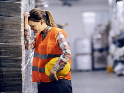 A female warehouse worker having troubles at warehouse.