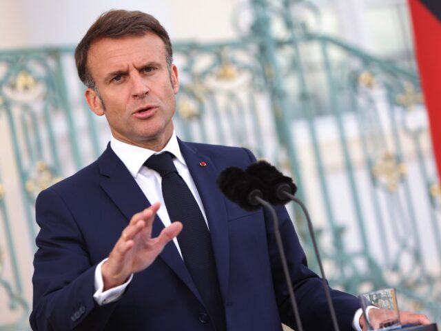 GRANSEE, GERMANY - MAY 28: French President Emmanuel Macron address the media during a pre