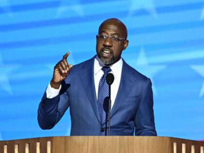 US Senator Raphael Warnock, Democrat from Georgia, speaks on the first day of the Democrat