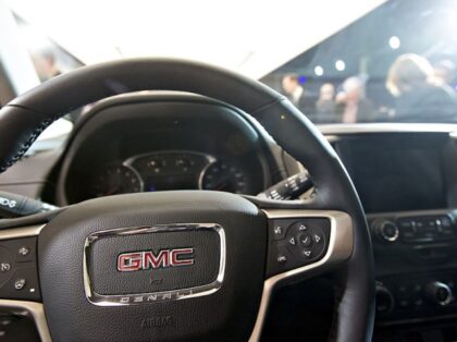 The steering wheel of a General Motors Co. (GM) 2018 Terrain Denali compact sport utility