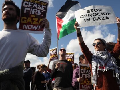 WASHINGTON, DC - OCTOBER 18: Protesters stage a demonstration in support of a cease fire a