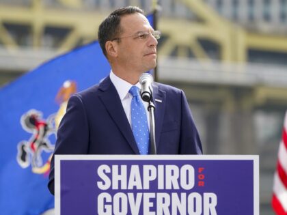 Pennsylvania's Democratic attorney general Josh Shapiro speaks to a crowd during his