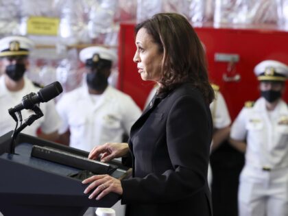 U.S. Vice President Kamala Harris speaks to troops as she visits the USS Tulsa in Singapor