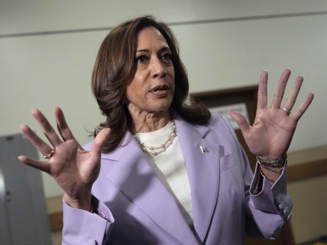 Democratic presidential nominee Vice President Kamala Harris gives remarks at the Sheraton