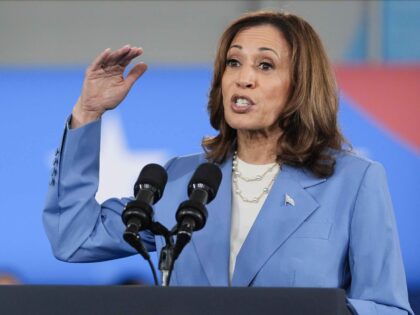 Democratic presidential nominee Vice President Kamala Harris speaks at a campaign event at