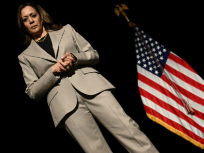 US Vice President and Democratic presidential candidate Kamala Harris looks on in the over