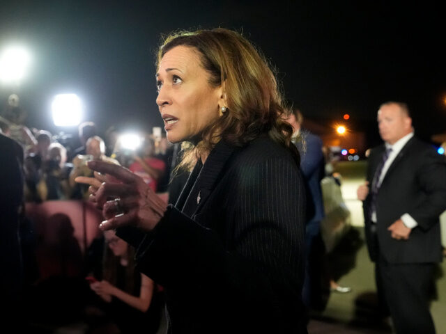 Vice President Kamala Harris speaks with reporters after greeting reporter Evan Gershkovic