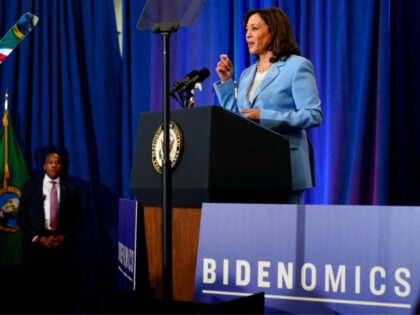 Vice President Kamala Harris gives remarks ahead of the one-year anniversary of the Biden