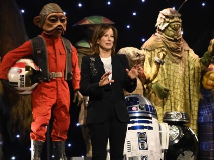 LONDON, ENGLAND - APRIL 07: Kathleen Kennedy onstage during the studio panel at Star Wars