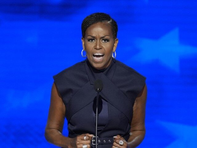 Former first lady Michelle Obama speaking during the Democratic National Convention Tuesda