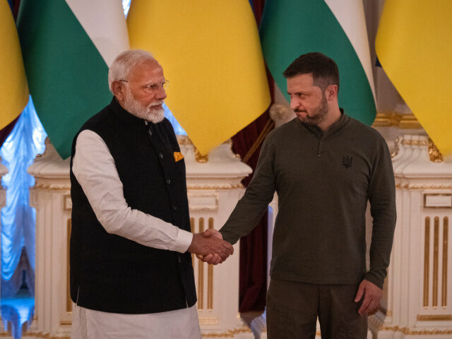 Indian Prime Minister Narendra Modi, left, meets with Ukrainian President Volodymyr Zelens