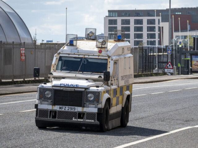 English: Two PSNI Land Rover Pangolin Link vehicles on Queen's Road in Belfast. The Prince