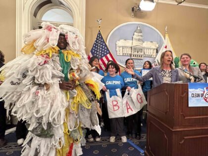 California Democratic state Sen. Catherine Blakespear gestures toward a person covered in