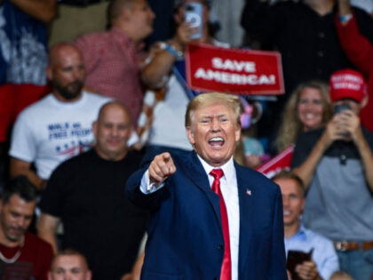 Former US President Donald Trump speaks during a campaign rally in support of Doug Mastria