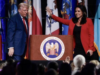 Former US Representative Tulsi Gabbard (R) waves after endorsing former US President and 2