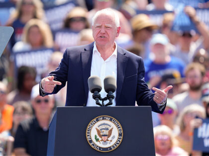 Democratic vice presidential nominee Minnesota Gov. Tim Walz delivers remarks before Democ