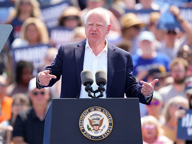 Democratic vice presidential nominee Minnesota Gov. Tim Walz delivers remarks before Democ