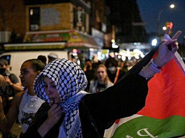 NEW YORK, UNITED STATES - AUGUST 14: People, holding banners and Palestinian flags, gather