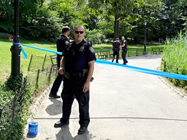 NYPD Central Park Precinct Officers partially block an Central Park walkway near Fifth Ave