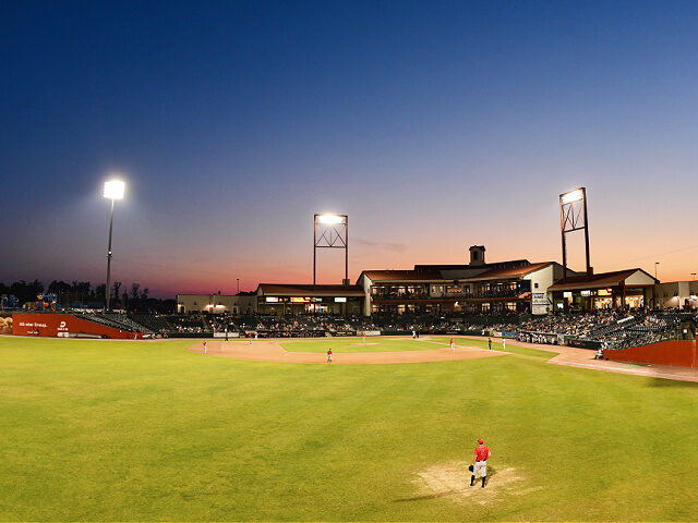 Minor League Baseball: Scenic view of sunset over the ballpark during Southern Maryland Bl