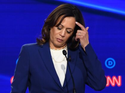 Democratic presidential hopeful California Senator Kamala Harris gestures during the fourt