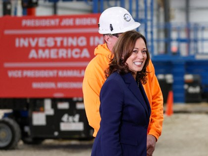 Vice President Kamala Harris visits a construction site on March 6, 2024, in Madison, Wisc