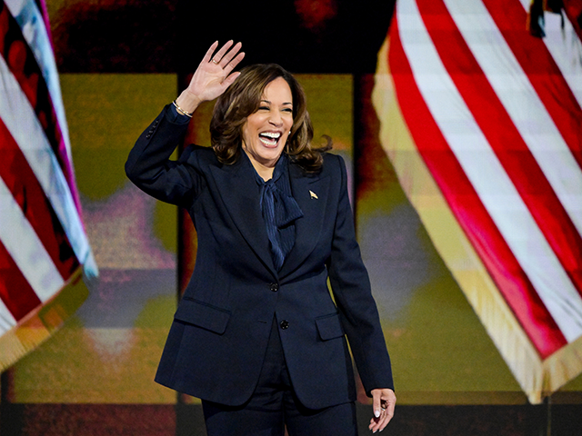 Vice President Kamala Harris arrives to speak during the Democratic National Convention (D