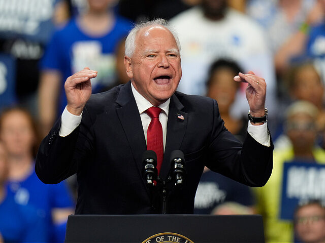 Democratic vice presidential nominee Minnesota Gov. Tim Walz speaks at a campaign rally at