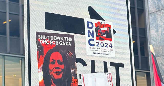 Anti-Israel protesters gather outside the DNC and urge voters to reject Kamala Harris