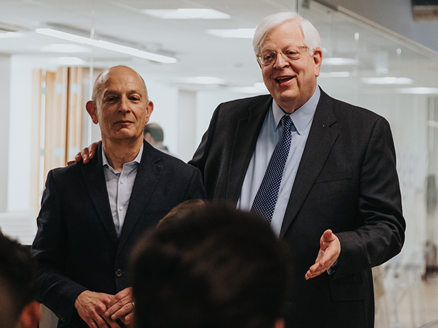 Dennis Prager and Allen Estrin, co-founders of PragerU, speak to their team at a staff ret