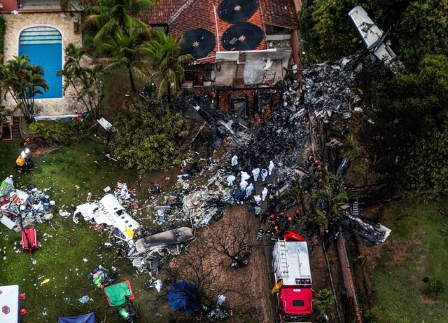 Aerial view of the wreckage of Voepass Flight 2283 in Venhedo, Brazil