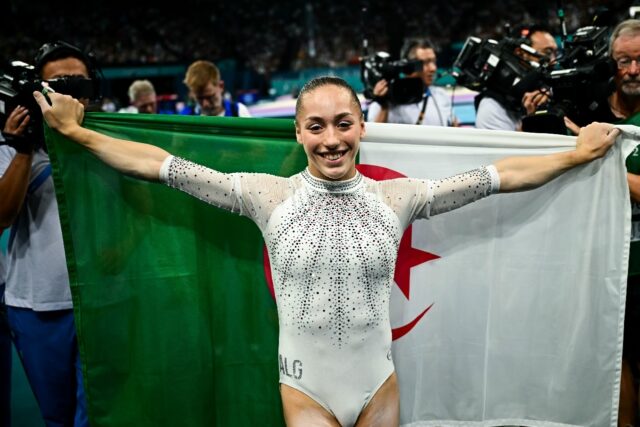 Algeria's Kaylia Nemour celebrates after winning gold