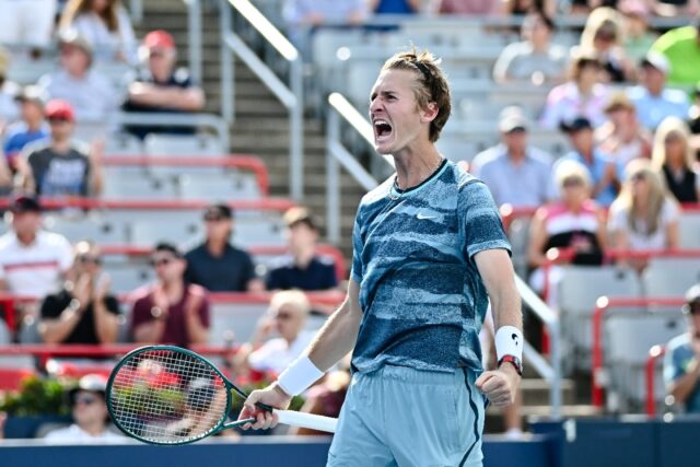 American Sebastian Korda celebrates a 7-6, 1-6, 6-4 quarter-final victory over Germany's A