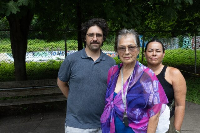 Anthropologist Philippe Blouin poses with Mohawk mothers Kahentinetha and Kwetiio at the A