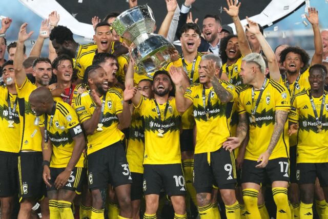 The Columbus Crew lift the Leagues Cup trophy after their 3-1 victory over Los Angles FC i