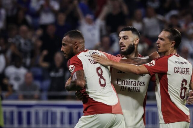 Corentin Tolisso celebrates after scoring Lyon's first goal in their entertaining 4-3 win