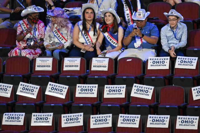 Democratic activists sporting cowboy hats at the party's convention in Chicago