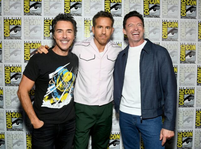 (L-R) Director Shawn Levy and actors Ryan Reynolds and Hugh Jackman attend a July 25, 2024