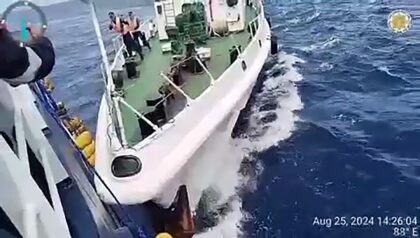 Frame grab from Philippine Coast Guard video of a Chinese Coast Guard ship colliding with