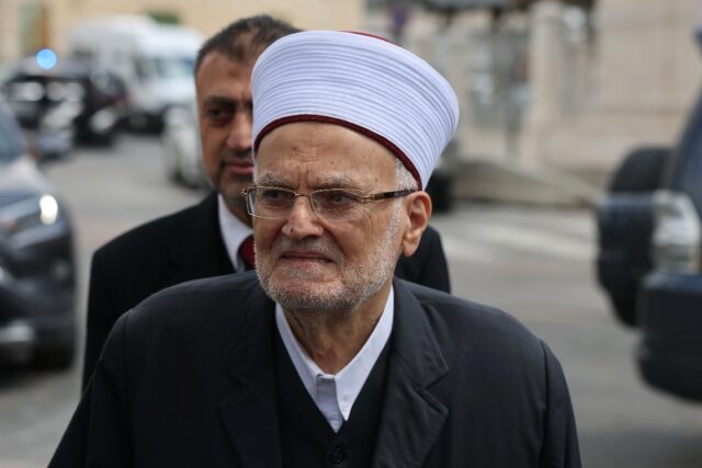 The former grand mufti of Jerusalem, Sheikh Ekrema Sabri, 85, arrives for questioning by I