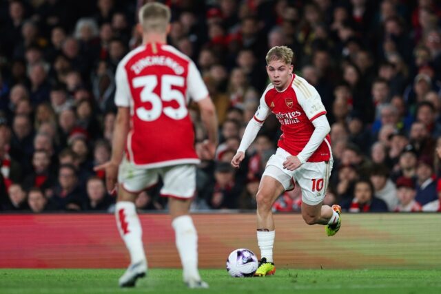 Gone from the Gunners: Arsenal midfielder Emile Smith Rowe (R) has moved across London to