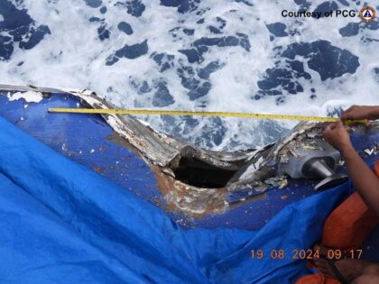 A handout photo released by the Philippine Coast Guard shows damage to the ship BRP Cape E