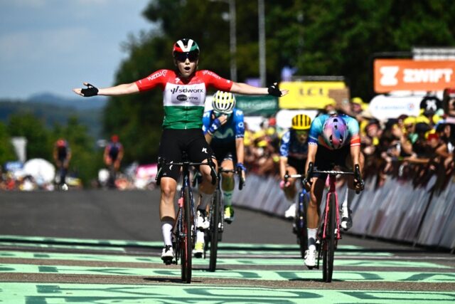Hungarian rider Blanka Vas crosses the line first in the fifth stage of the women's Tour d