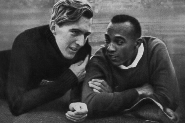 Jesse Owens and Luz Long chat at the Berlin Olympic Stadium during the 1936 Games