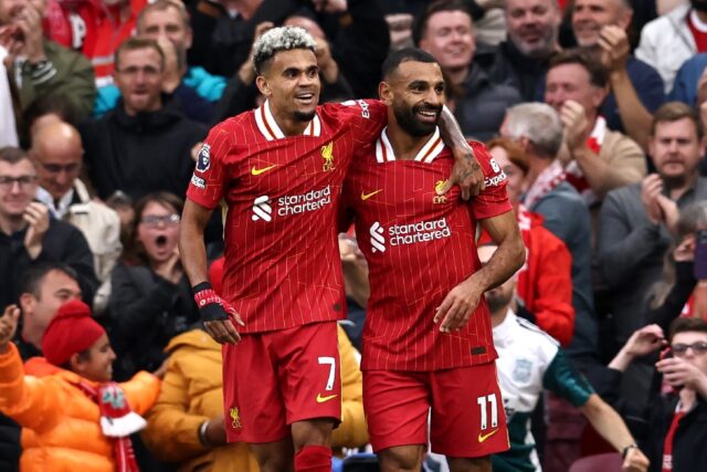 Luis Diaz (left) and Mohamed Salah (right) scored Liverpool's goals in a 2-0 victory over