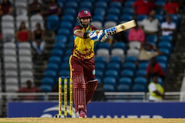 Nicholas Pooran of West Indies hits a six during the T20i win against South Africa at the