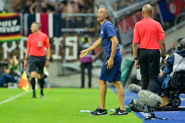 Paris Saint-Germain coach Luis Enrique on the touchline during his side's 4-1 win at Le Ha